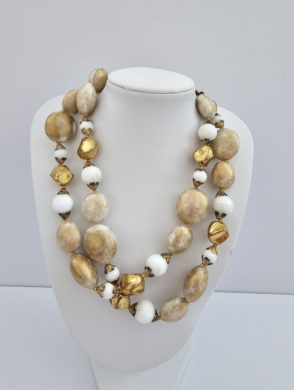 Vintage Mid-Century Gold Flecked & Milk Glass Bead Long Necklace, J-Hook